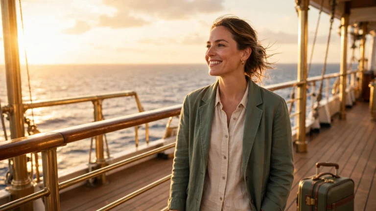 Woman cruising solo on a cruise ship deck at sunset