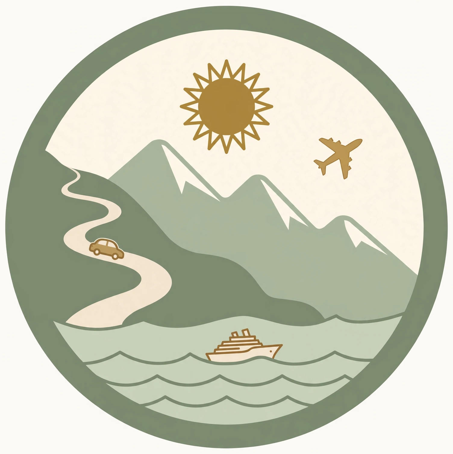 Solo Cruising 101 logo — cruise ship, car, and plane in a sage green circular emblem